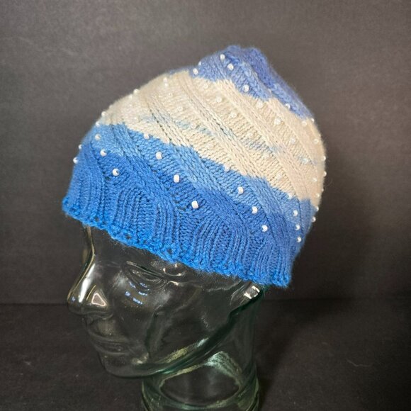 Handmade Knit Hat Blue White Faux Pearl Swirl Design Warm Winter Cap Wool Blend - Picture 1 of 8